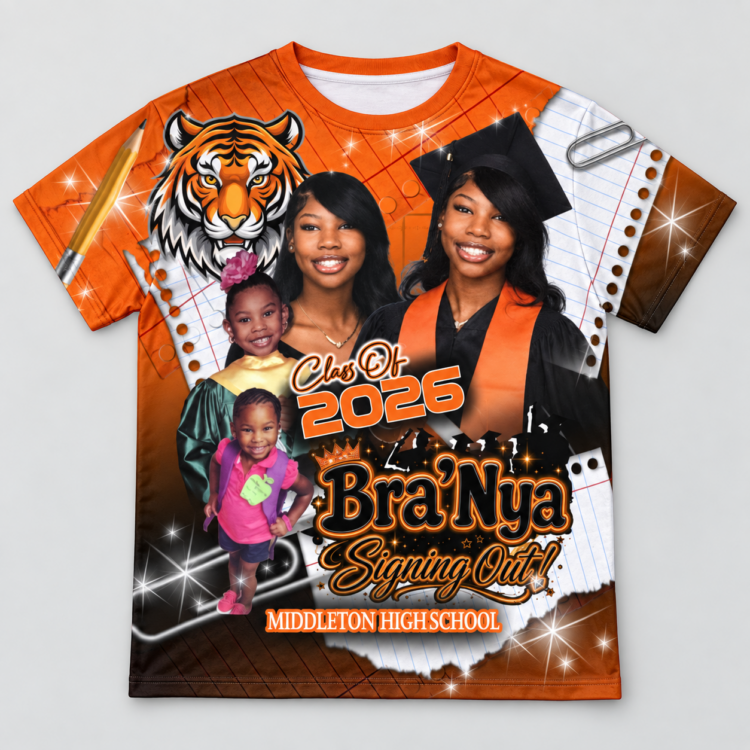 Orange custom Class of 2026 all-over graduation shirt for Bra’Nya of Middleton High School