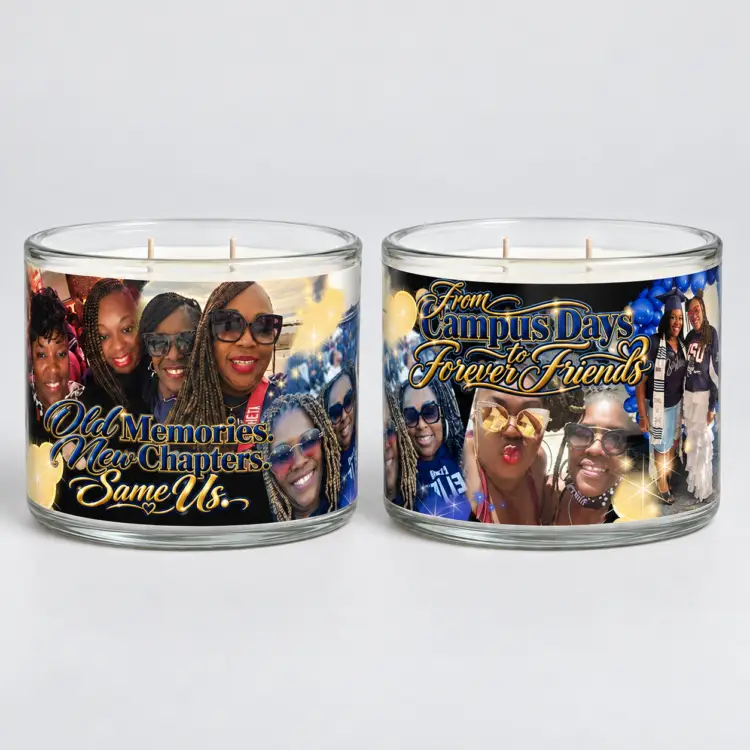 Personalized photo candle celebrating lifelong friendship