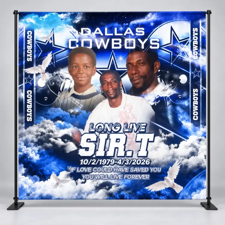 Blue custom Dallas-themed memorial banner backdrop