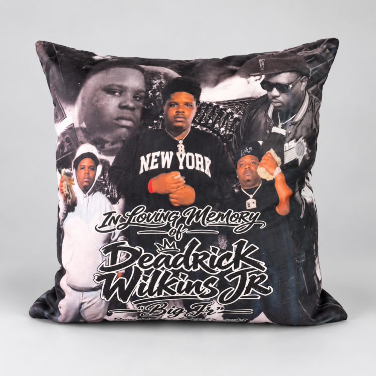 Black personalized memorial photo pillow honoring Deadrick Wilkins Jr