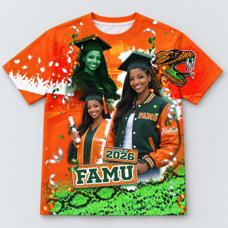 Orange and green custom FAMU Class of 2026 all-over graduation shirt