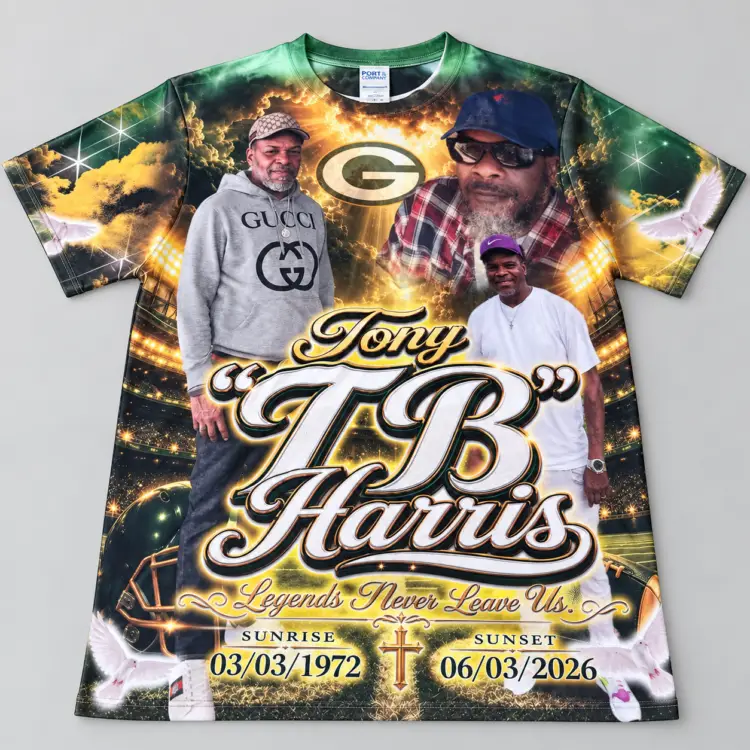 Green and gold custom football memorial all-over shirt honoring Tony TB Harris