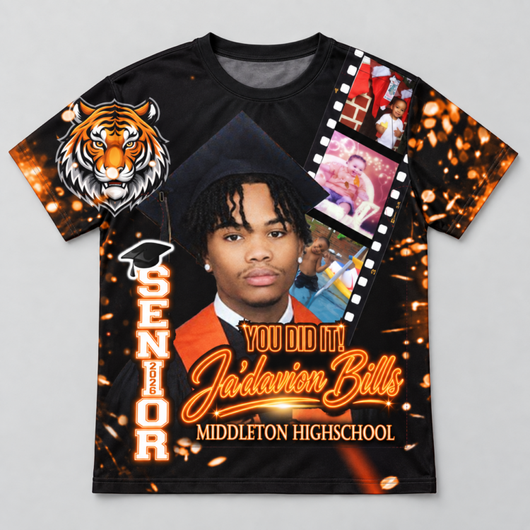 Orange and black custom all-over graduation shirt for Ja’davion Bills of Middleton High School