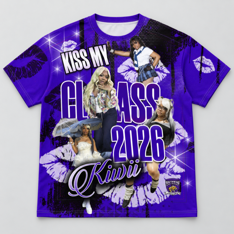 Purple custom Class of 2026 all-over graduation shirt for Kiwi of Southwind High School