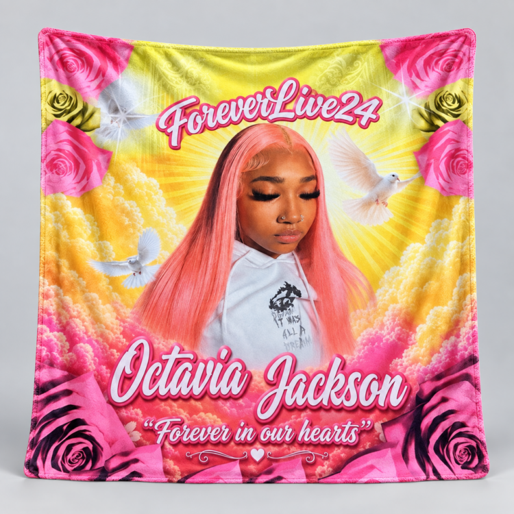 Pink and yellow personalized memorial blanket honoring Octavia Jackson