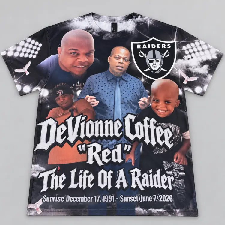 Black and silver custom Raiders-themed memorial all-over shirt honoring DeVionne Red Coffee