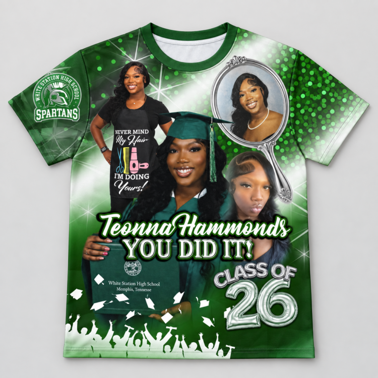 Green custom all-over graduation shirt for Teonna Hammonds of White Station High School